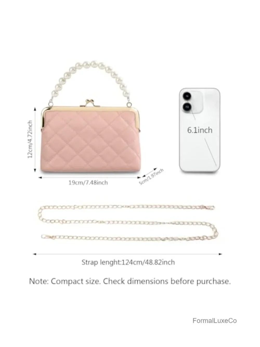 Quilted Faux Leather Crossbody Bag with Pearl Handle, Detachable Chain Strap,